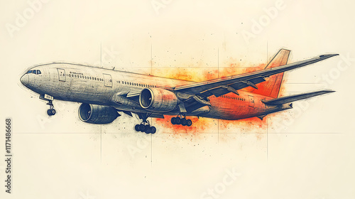 Airplane sketch, landing gear down, watercolor effect. photo