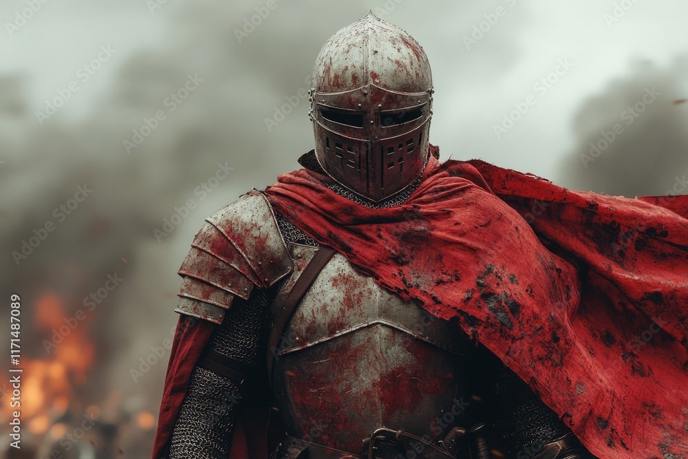 A knight in a red cape and a helmet stands in front of a fire A knight in a red cape and a helmet stands in front of a fire