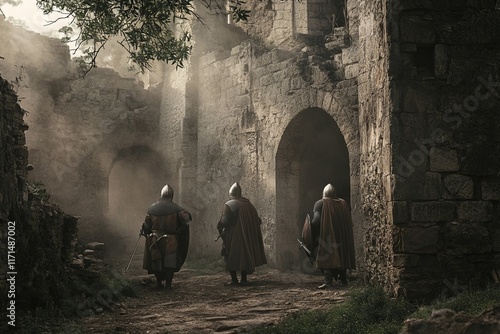 Three knights are walking through a dark, dusty, and abandoned castle