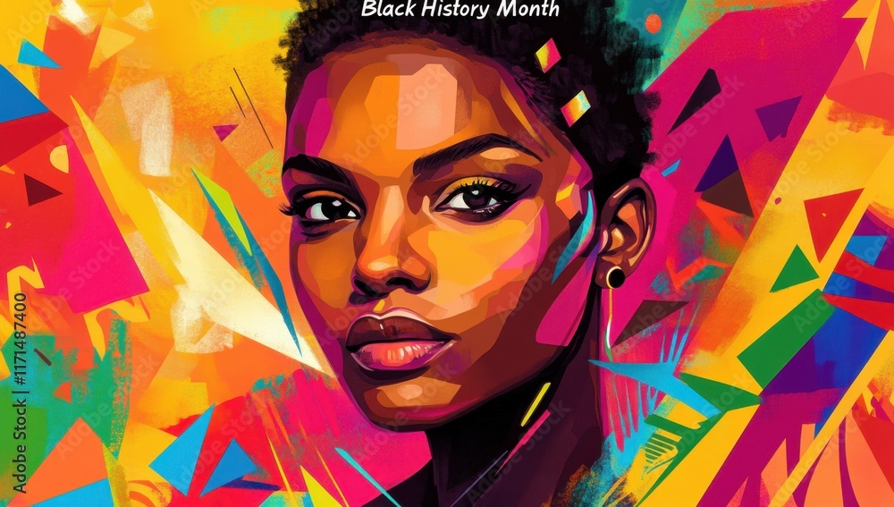 Fototapeta premium A vibrant and colorful illustration of an African American woman with short hair, featuring geometric shapes in the background text 