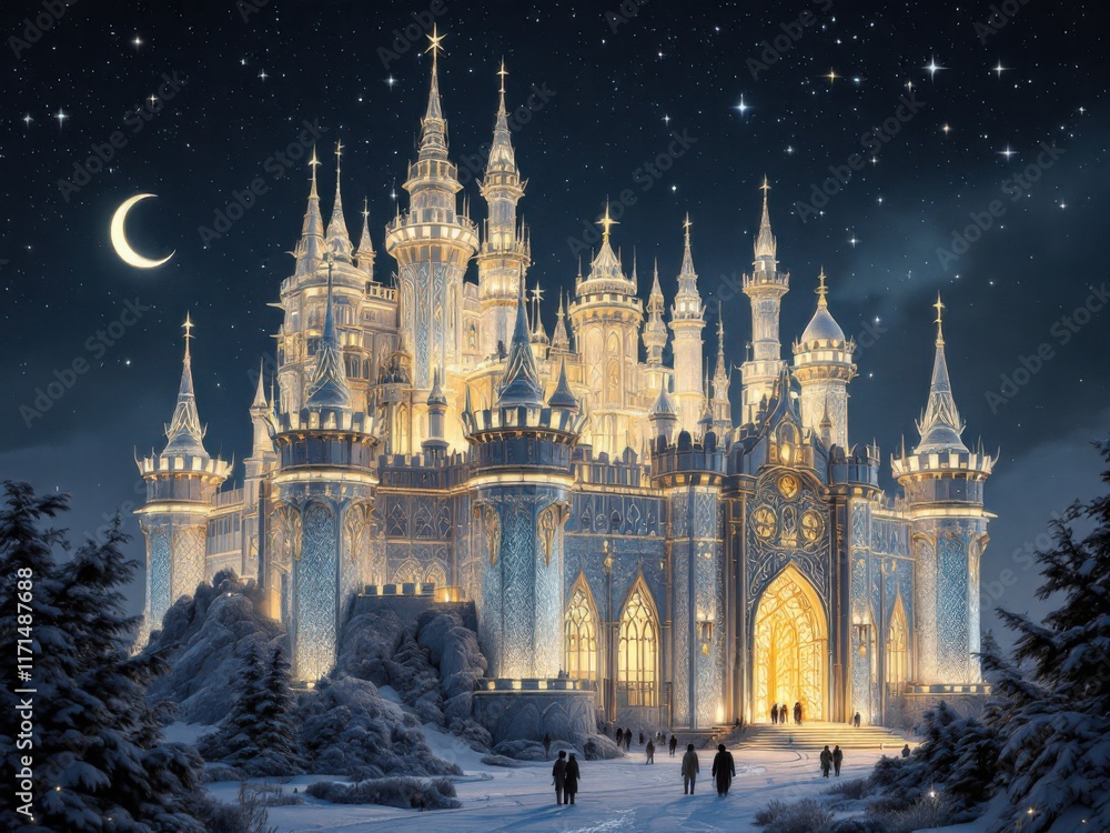 Fototapeta premium Enchanted Winter Castle: A Magical Night Scene