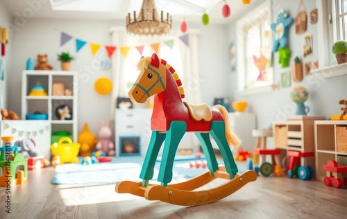 Colorful Playroom room with Wooden Rocking Horse