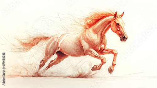 A palomino horse gracefully running, mane and tail flowing, dynamic motion, artistic rendering. photo