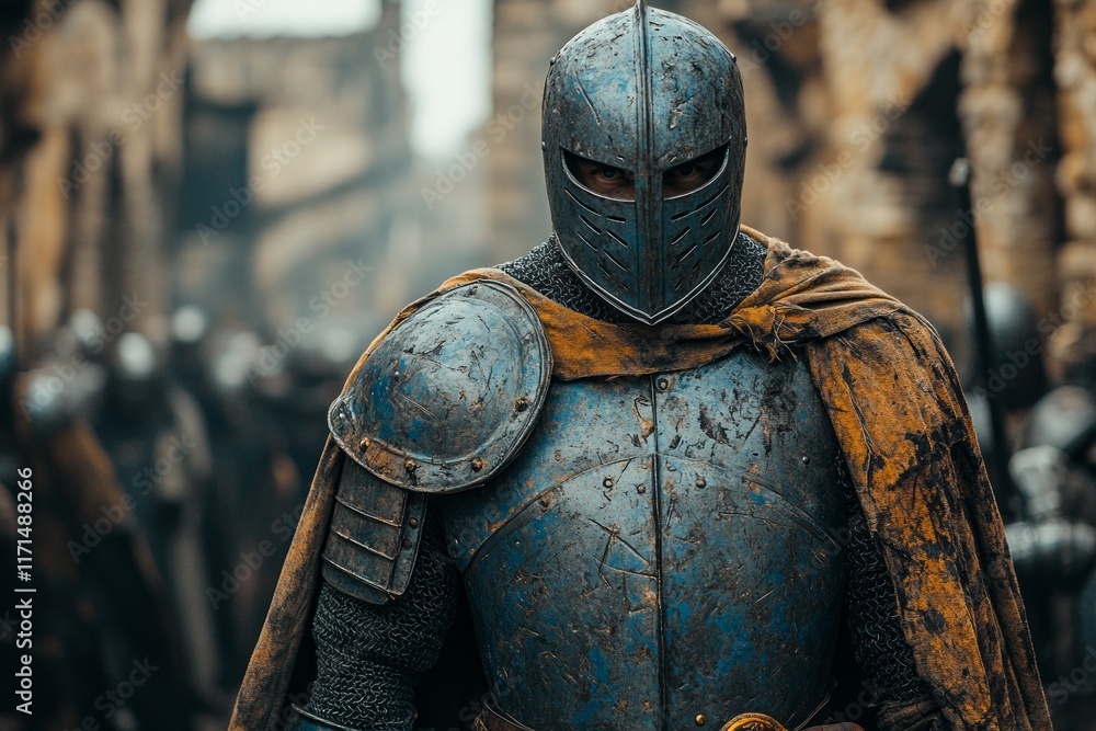 A knight in a blue and yellow armor stands in front of a group of people A knight in a blue and yellow armor stands in front of a group of people