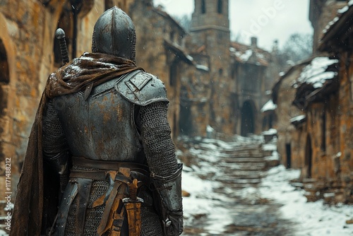 A knight in a medieval setting with a sword and shield photo