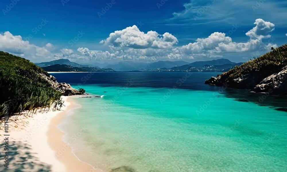 Secluded Tropical Beach Paradise: Azure Waters, White Sands, and Lush Greenery Secluded Tropical Beach Paradise: Azure Waters, White Sands, and Lush Greenery