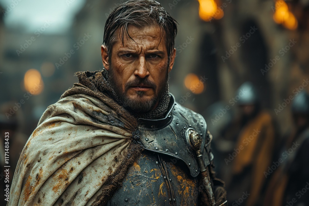 A man in a medieval costume stands in front of a group of people A man in a medieval costume stands in front of a group of people