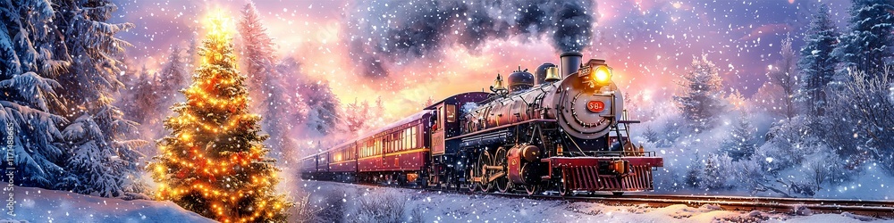 Naklejka premium A train speeding through a winter landscape.