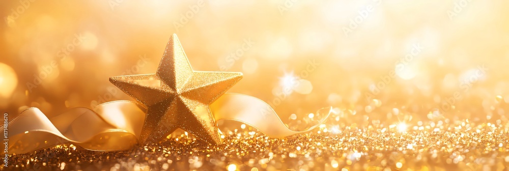 Golden star on glitter with ribbon. Golden star on glitter with ribbon.