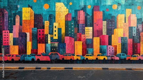 Colorful city mural, cars parked below.