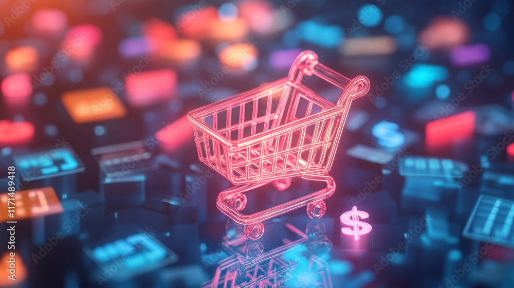 Glowing Shopping Cart Icon Surrounded By Floating Dollar Signs And Credit Cards. Neon Glowing Shopping Cart Glowing Shopping Cart Icon Surrounded By Floating Dollar Signs And Credit Cards. Neon Glowing Shopping Cart