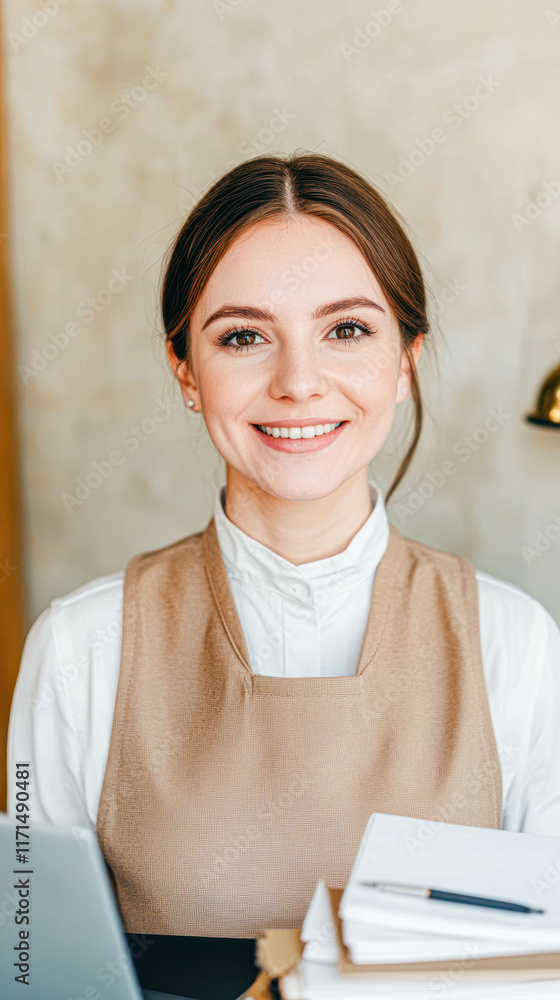 A woman with a smile on her face is sitting at a desk with a laptop and a pen