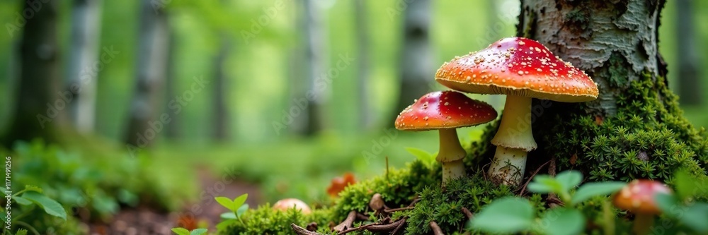 Birch forest with Leccinum mushrooms growing at base, bolete, birch Birch forest with Leccinum mushrooms growing at base, bolete, birch