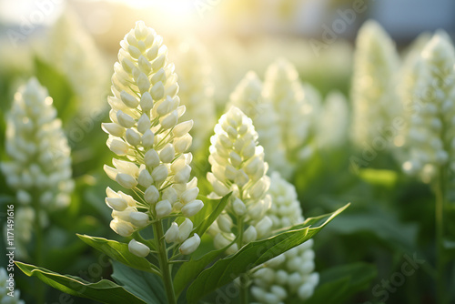 ethereal splendor of ivory clover blossoms, nestled amidst glistening blades of morning dew, epitomizes a tranquil tableau, with their dainty petals and serene emergence of a new day photo