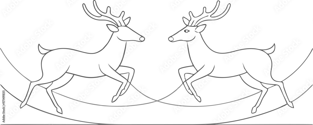 Fototapeta premium Reindeer one line continuous banner. Line art animal deer christmas concept banner