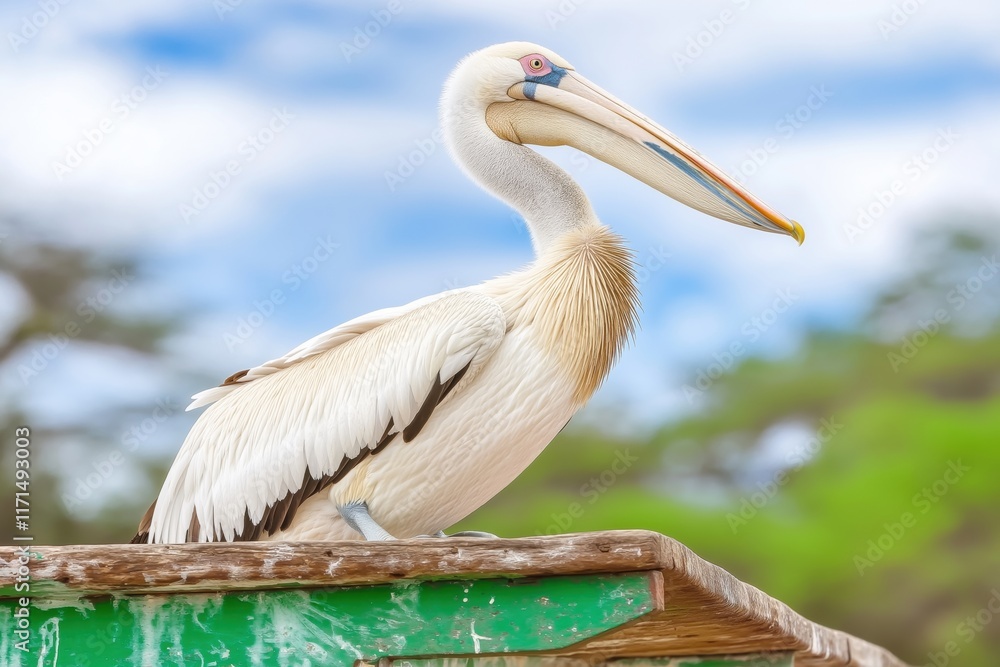 Majestic pelican resting on the deck of a cruise boat in Walvis Bay, Namibia during a serene maritime adventure Majestic pelican resting on the deck of a cruise boat in Walvis Bay, Namibia during a serene maritime adventure