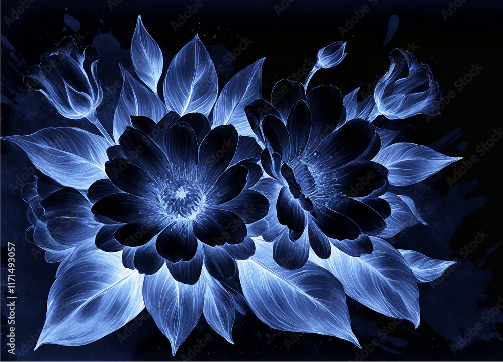 Obraz premium dark blue and white inverse flowers background with copy space for text