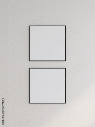 Mockup of two blank square frames on a white wall. 3D rendering, interior design, 3D illustration