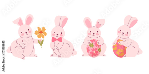 Collection of 4 cute Easter bunnies with Easter eggs