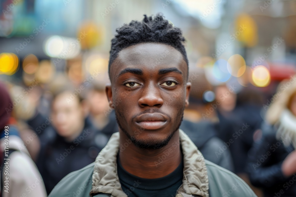 Young man posing in a crowded city street Young man posing in a crowded city street