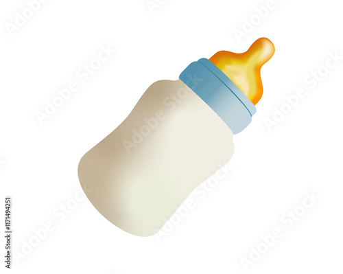 Bottle of milk or formula icon with bluish cap and rubber nipple or teat photo