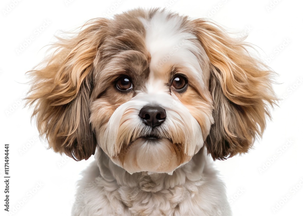 Half-and-half aerial portrait of a charming curly poodle Shih Tzu mix. Half-and-half aerial portrait of a charming curly poodle Shih Tzu mix.