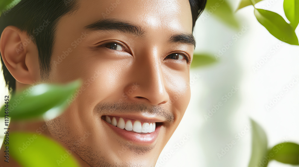 Smiling man surrounded by green leaves in a bright setting.