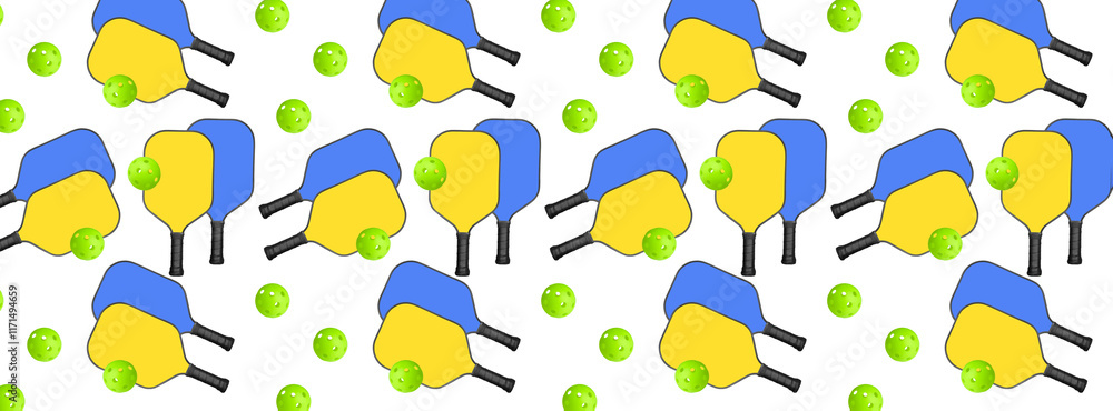 Pattern two blue and yellow pickleball rackets and green pickleballs ball on white background.