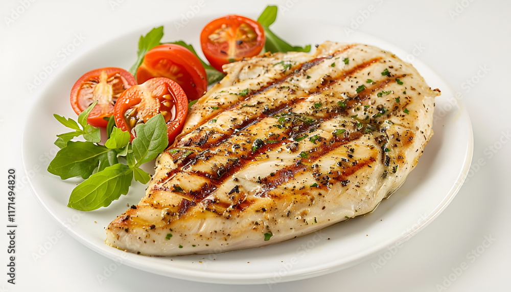 Healthy keto, ketogenic lunch with grilled chicken meat and organic tomatoes and greens. Roasted chicken breast, fillet and fresh vegetable salad, white background, copy space Healthy keto, ketogenic lunch with grilled chicken meat and organic tomatoes and greens. Roasted chicken breast, fillet and fresh vegetable salad, white background, copy space