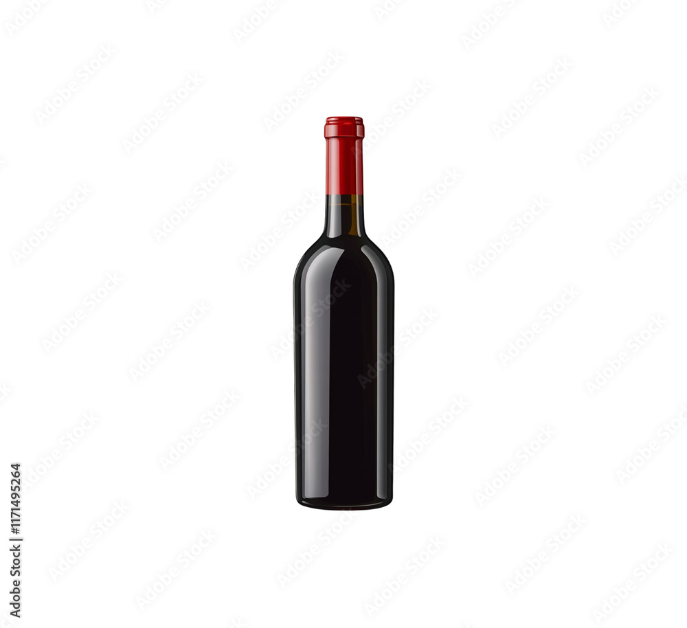 Red wine bottle with a red cap displayed in a vertical position. The bottle contains dark wine and has a sleek, smooth appearance. Isolated on transparent background, png. Red wine bottle with a red cap displayed in a vertical position. The bottle contains dark wine and has a sleek, smooth appearance. Isolated on transparent background, png.