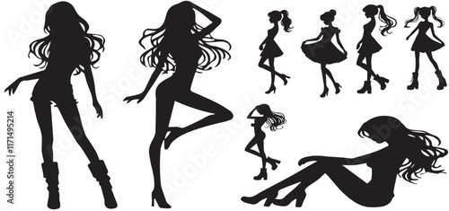 silhouettes of beautiful women on white background. beautiful girls with various poses