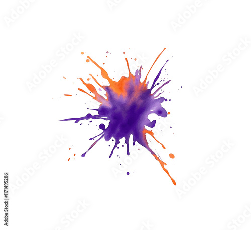 Purple and orange watercolor splash art featuring vibrant colors and an abstract splatter design. Isolated on transparent background, png. photo