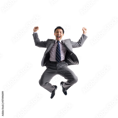 Energetic Businessman Dancing in a Suit on White Background Full Body Office Worker Celebrating Career Success in Dynamic Action






