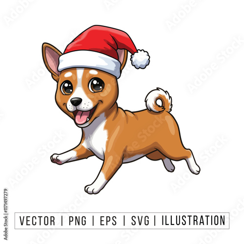 Cute Basenji Puppy in Santa Hat - Christmas Cartoon Vector Illustration photo