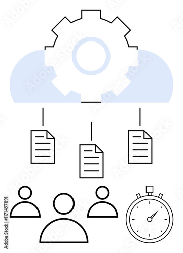 Gear icon with cloud, connected documents, three team members, and a stopwatch. Ideal for teamwork, cloud computing, project management, data sharing, productivity deadlines abstract line flat