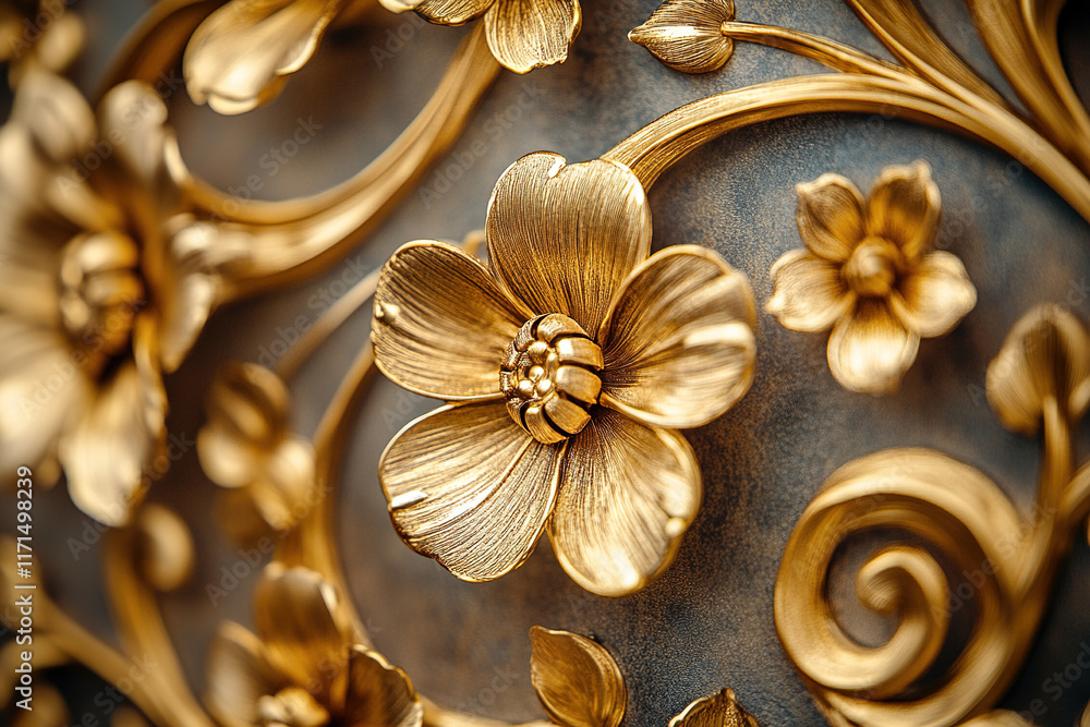 Detailed decorative floral patterns in gold on a textured dark background showcasing intricate craftsmanship Detailed decorative floral patterns in gold on a textured dark background showcasing intricate craftsmanship
