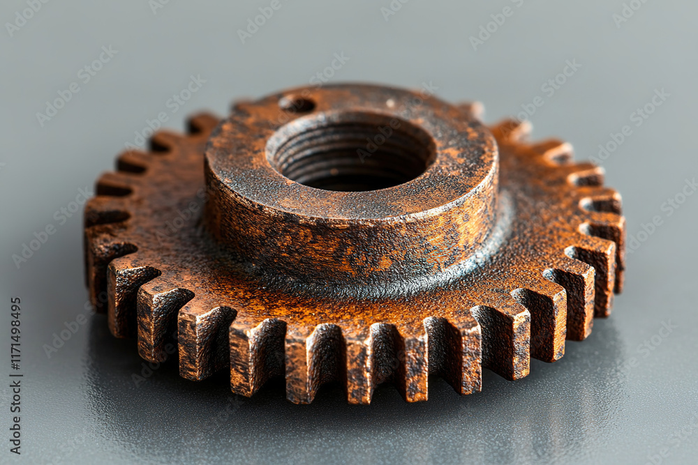 Rusty gear on a metallic surface showcasing wear and aging effects of manufacturing components Rusty gear on a metallic surface showcasing wear and aging effects of manufacturing components