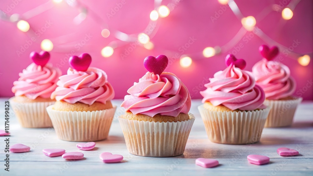 Pastel pink cupcakes with hearts, a minimalist background for sweet treat photoshoots. Pastel pink cupcakes with hearts, a minimalist background for sweet treat photoshoots.