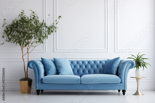 A blue velvet sofa sits in front of an empty white wall with decorative trim, creating a classic and elegant interior design 3