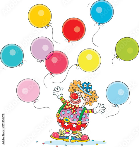 Funny red curly-headed circus clown playing with colorful holiday balloons in a fun performance, vector cartoon illustration on a white background