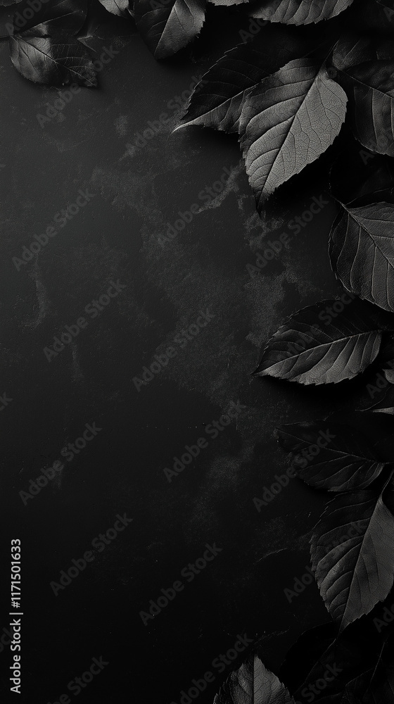 Fototapeta premium Vertical background of dark leaves on black