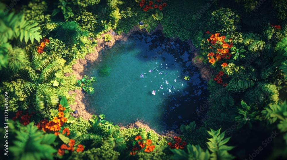 Fototapeta premium Aerial View of Vibrant Pond Surrounded by Lush Foliage