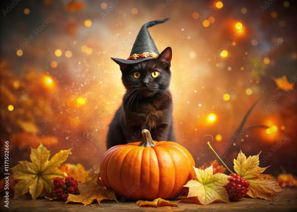 Fototapeta premium Spooky-cute Halloween witch cat: magical feline in autumnal attire.