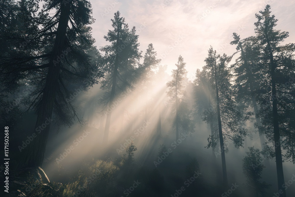 A foggy forest reveals tall trees disappearing into mist, while soft sunlight creates an ethereal glow throughout A foggy forest reveals tall trees disappearing into mist, while soft sunlight creates an ethereal glow throughout
