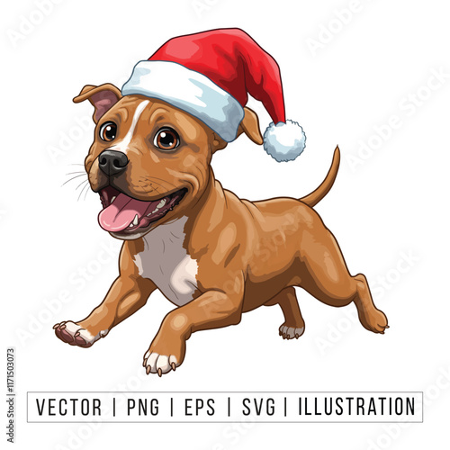 Cute American Staffordshire Terrier Puppy in Santa Hat - Christmas Cartoon Vector Illustration