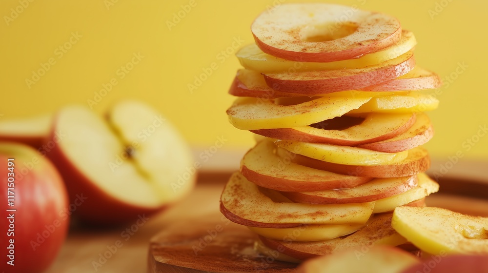 Thin sliced apple rings stack dusted with cinnamon powder, apple pie dessert preparation, wooden cutting board Thin sliced apple rings stack dusted with cinnamon powder, apple pie dessert preparation, wooden cutting board