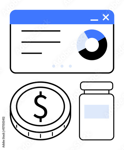 Financial dashboard interface with pie chart, US dollar coin, and medicine bottle. Ideal for budgeting, healthcare costs, financial planning, business analysis, health insurance, pharmaceutical
