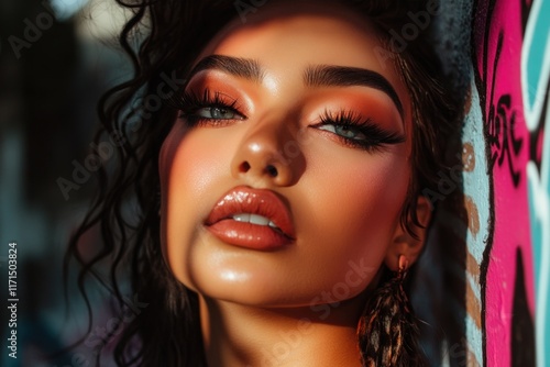 Wallpaper Mural Close-up of a confident woman showcasing bold makeup and unique hairstyle against vibrant urban graffiti Torontodigital.ca