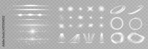 Starlight effect set and spotlight. Glow isolated white transparent light effect set, glitter, line, sun flash, dust, stars, sunlight, spotlight, swirl, spiral, portal or tunnel, rings of smoke