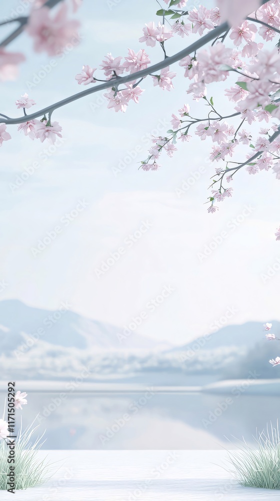 Serene landscape with pink blossoms, mountains, and calm lake. Serene landscape with pink blossoms, mountains, and calm lake.